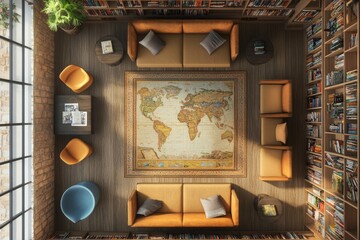 Overhead view of a living room with two couches, a world map on the wall, and a bookshelf full of books.