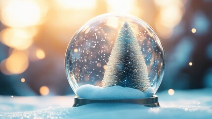 Sticker - Snow globe with christmas tree on snow and bokeh background.