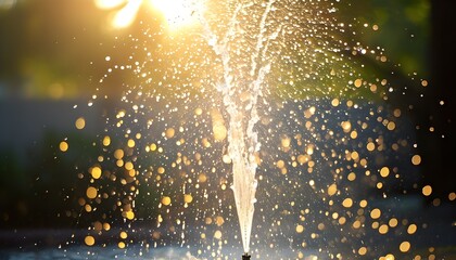 Water droplets dance in sunlight as a sprinkler creates a mesmerizing spray on a bright sunny day