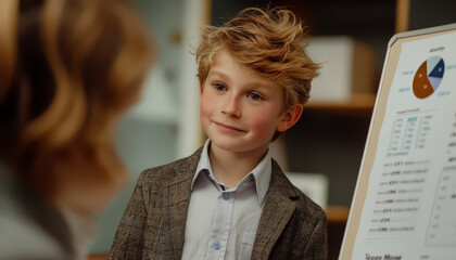 Sticker - A young boy in a suit stands in front of a white board with a pie chart on it