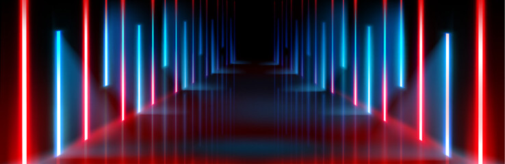 Wall Mural - neon light corridor background. abstract led and laser stage in futuristic club room. empty dance co