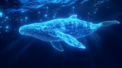 Sticker - A massive neon whale swims slowly through the depths of the ocean, its body glowing in shades of deep blue and white