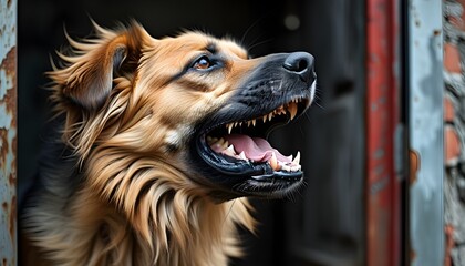 Wall Mural - Fierce guard dog confronts intruder, barking aggressively with bared teeth and bristling fur