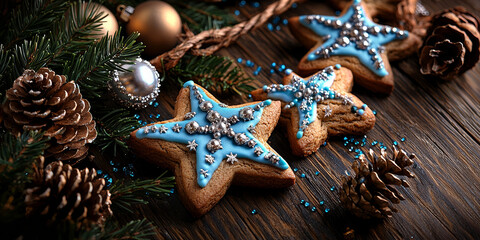 Wall Mural - Christmas gingerbread cookies in the shape of stars, generative AI