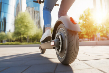 Close-Up of Person Riding Electric Scooter on City Street, Urban Environment, Eco-Friendly Megacity Lifestyle