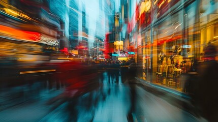 Canvas Print - Blurred motion of a busy city street with vibrant shop windows and people passing by, creating a dynamic urban atmosphere.