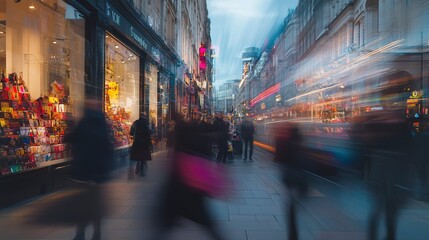 Wall Mural - Blurred motion of a busy city street with vibrant shop windows and people passing by, creating a dynamic urban atmosphere