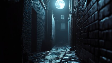 Poster - A dark narrow street in a moonlit anonymous city. 