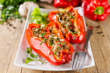 Canvas Print - tasty stuffed red bell peppers with minced beef