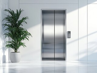Realistic photo of an open modern silver stainless steel lift in the office building, with white walls and floor