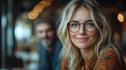 Wall Mural - A woman with blonde hair and glasses smiles softly in a close-up portrait.