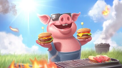 A Happy Pig in Sunglasses Holds Two Hamburgers, One on Each Hand, While Standing in Front of a Grill with Flames and Other Food on It.