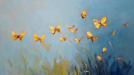 Wall Mural - Oil painting of golden butterfly on blue background, Generative AI