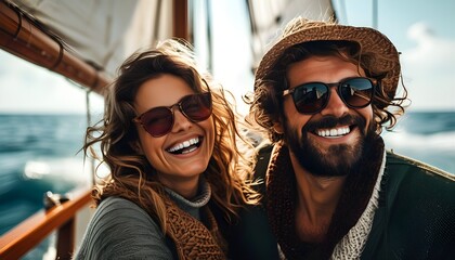 Joyful couple enjoying laughter and smiles on a boat adventure in the ocean