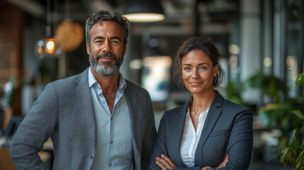 Wall Mural - A confident man and woman in business attire pose in an office setting.