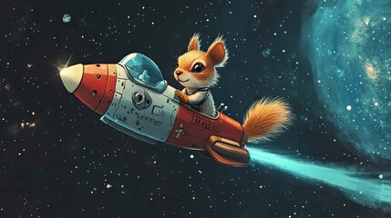 Canvas Print - A Squirrel Pilot Soaring Through Space in a Red Spaceship