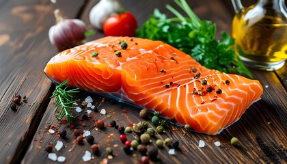 Fresh salmon fillet surrounded by vibrant spices and colorful vegetables on a rustic wooden table