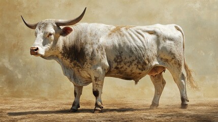 White and Brown Spotted Bull in a Dusty Arena