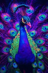 Poster - A neon peacock spreads its magnificent glowing tail feathers in a dazzling display of electric blue, purple, and green