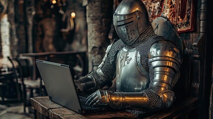 A medieval knight in full armor using a laptop computer