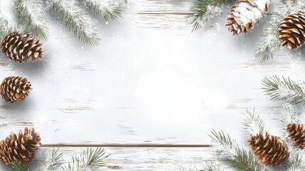 Wall Mural - Winter background with space for text. Wooden snowy white background with fir branches and pine cones. Christmas and New Year transparent background