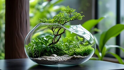 Lush terrarium showcasing vibrant greenery and a miniature tree within a glass enclosure