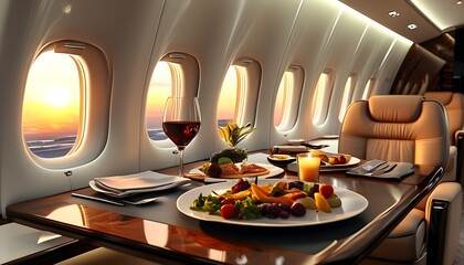 Wall Mural - Exquisite dining in a private jet with sunset views and fine wine for an unforgettable experience