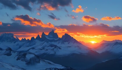 Serene sunset over snow-capped mountains with a deep blue sky and vibrant orange sun casting a tranquil glow on the landscape