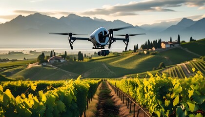 Wall Mural - Captivating aerial view of lush vineyards nestled against majestic mountain backdrop