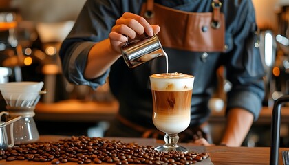 Wall Mural - Expert barista crafting a rich cappuccino with perfectly frothed milk and beautiful latte art