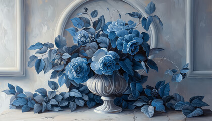 Sticker - A painting of blue flowers and leaves with a blue vase in the middle