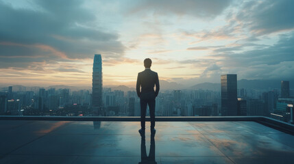 A business man stands contemplatively on a rooftop overlooking a bustling city, the skyline filled with towering skyscrapers. His expression reflects determination and ambition as he ponders his care.