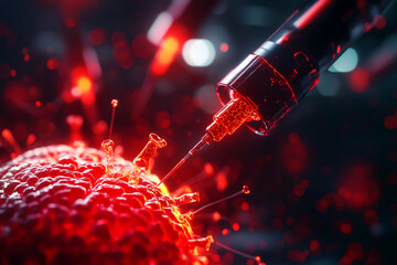 Close-up view of a syringe injecting into a virus cell, showcasing advanced medical technology in vibrant red colors.