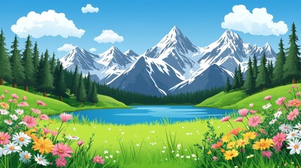 Wall Mural - Serene mountain landscape with colorful flowers and tranquil lake under a clear blue sky in springtime