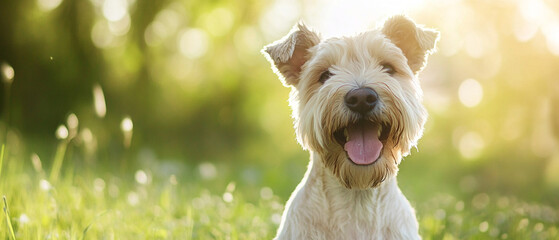 Wheaten Terrier Frolicking In Soft Grass Field On A Sunny Day