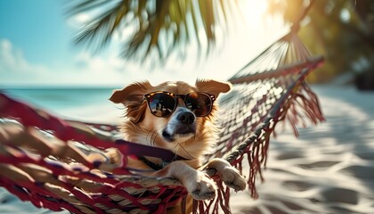 Wall Mural - Sunglass-clad dog lounging in a hammock on a sunny beach surrounded by swaying palm trees, radiating relaxation and joy