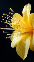 Canvas Print - A close-up of a vibrant yellow flower with delicate stamens against a dark background.