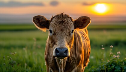 Wall Mural - Serene cow in a vibrant green field against a stunning sunset backdrop