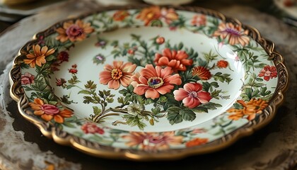 Wall Mural - Intricate Floral Design on Vintage Plate Captured in Stunning Close-Up