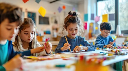 Lively Art Studio with Children Working on Crafts and Drawings, Spring Festival Decorations