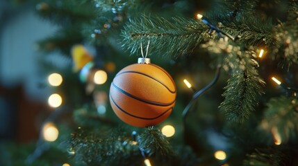 Wall Mural - christmas tree decorated with a basketball ornament for sports fans