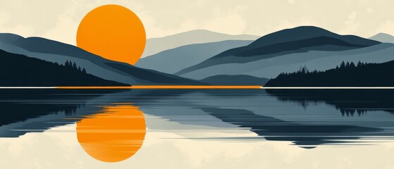 Wall Mural - Vibrant sunset over tranquil lake with mountains reflecting in still water at twilight