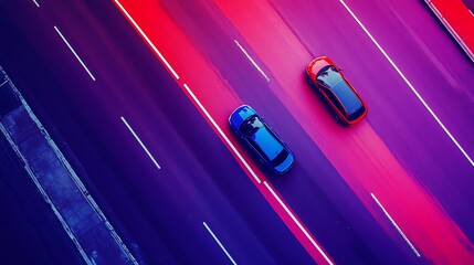 Wall Mural - Two Cars on a Neon Highway