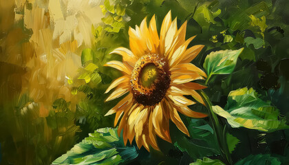 A painting of a yellow sunflower with green leaves