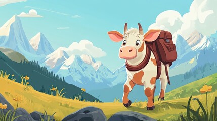 Canvas Print - A Cow with a Backpack Standing in a Mountainous Landscape