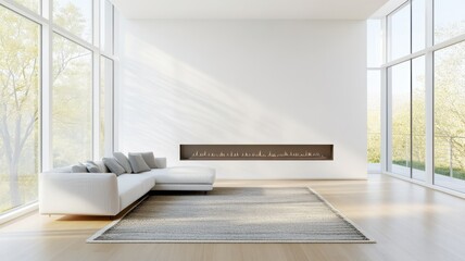 Modern living room with large windows, minimalist furniture, and natural light creating a serene atmosphere.