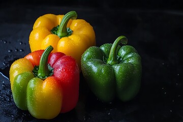 Wall Mural - Three bell peppers, one red, one yellow, and one green, on a black background with water droplets.