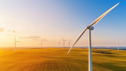 Scenic landscape featuring wind turbines on open fields during sunset, showcasing renewable energy and sustainable development.