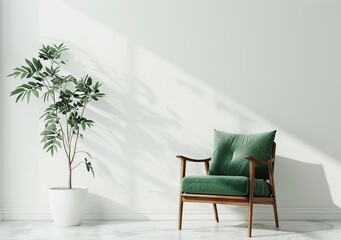 Canvas Print - interior of an empty room with minimalist green chairs and potted plants