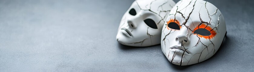 Two artistic masks on a gray surface, showcasing unique designs and textures. Ideal for themes of art and expression.